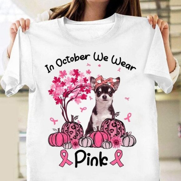In October We Wear Pink Cute Chihuahua Pumpkin Sunflower Tee - Picture 1 of 4